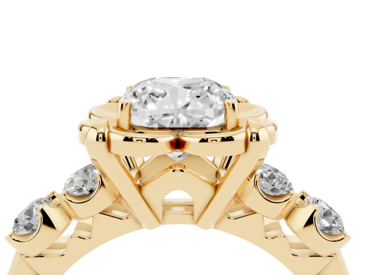 Cushion Cut Cut Diamond Floral Halo Engagement Ring with Shared Prong Setting Yellow gold