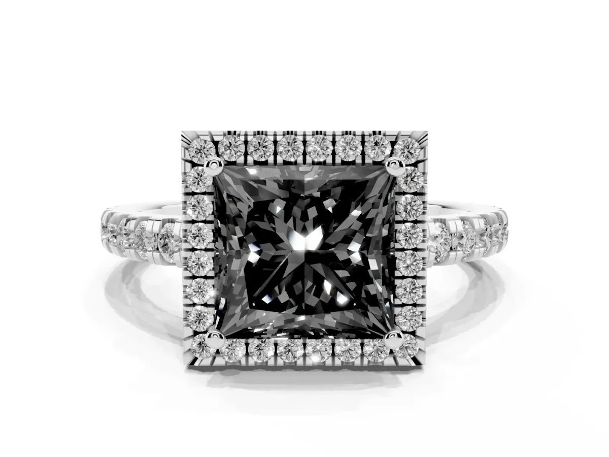 Fancy Black Princess Cut Diamond Halo Ring with Pavé Band and Four-Prong Setting White gold