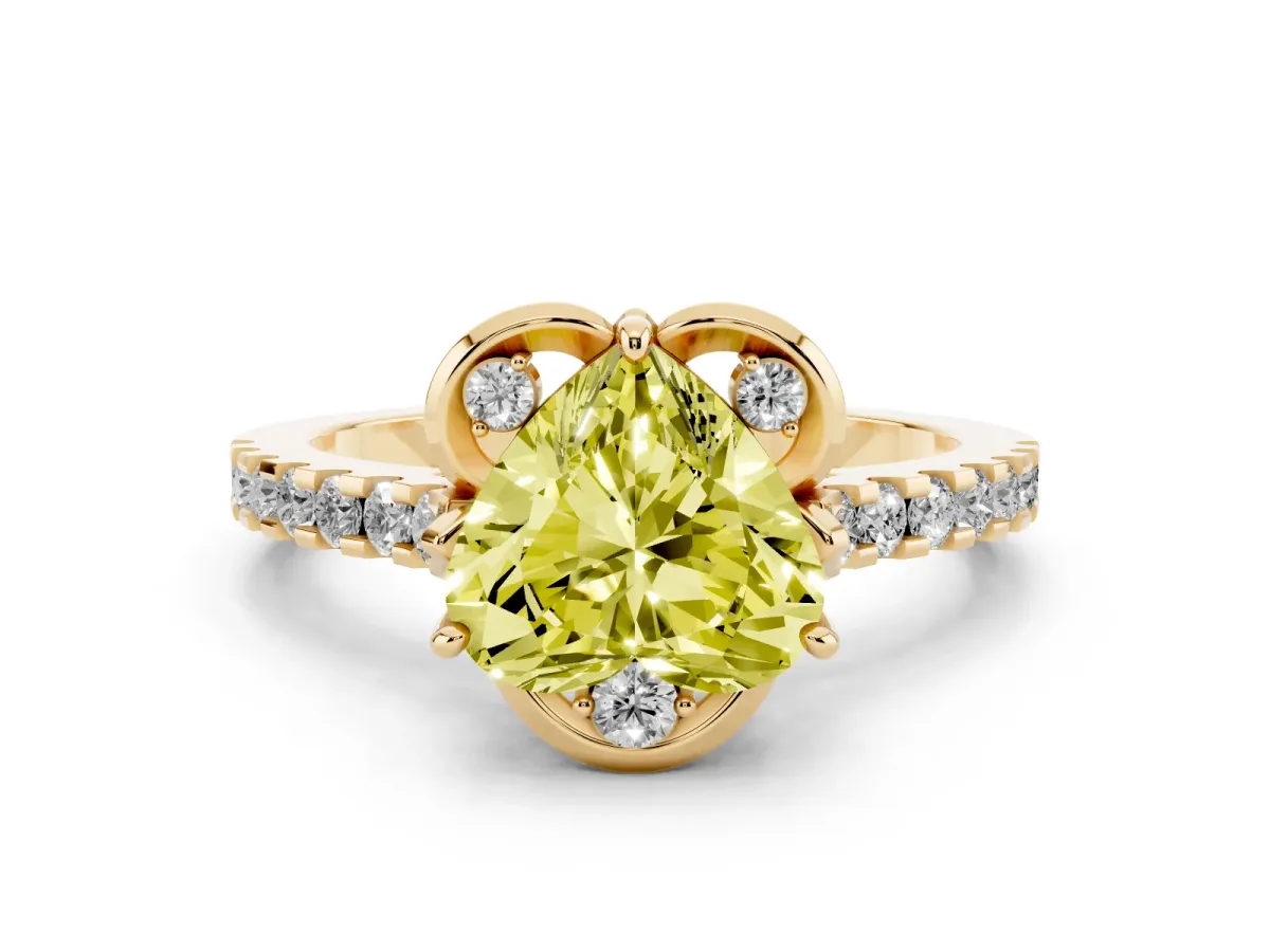 Fancy Yellow Heart Cut Diamond Ring with Pavé Band and Floral Prong Setting Yellow gold