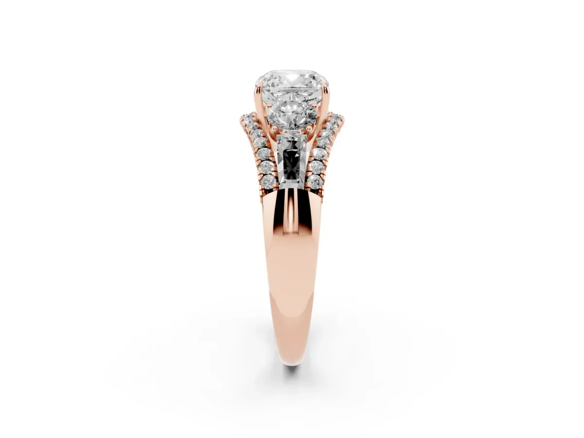 Three-Stone Cushion Cut Diamond Engagement Ring with Pave Band and Prong Setting Rose gold