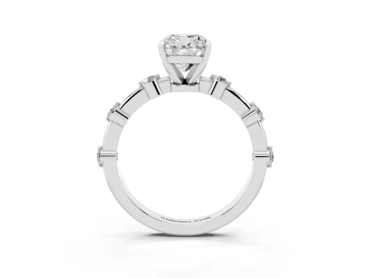 Cushion Cut Solitaire Diamond Ring with Bezel Set Side Stones and Prong Setting Silver