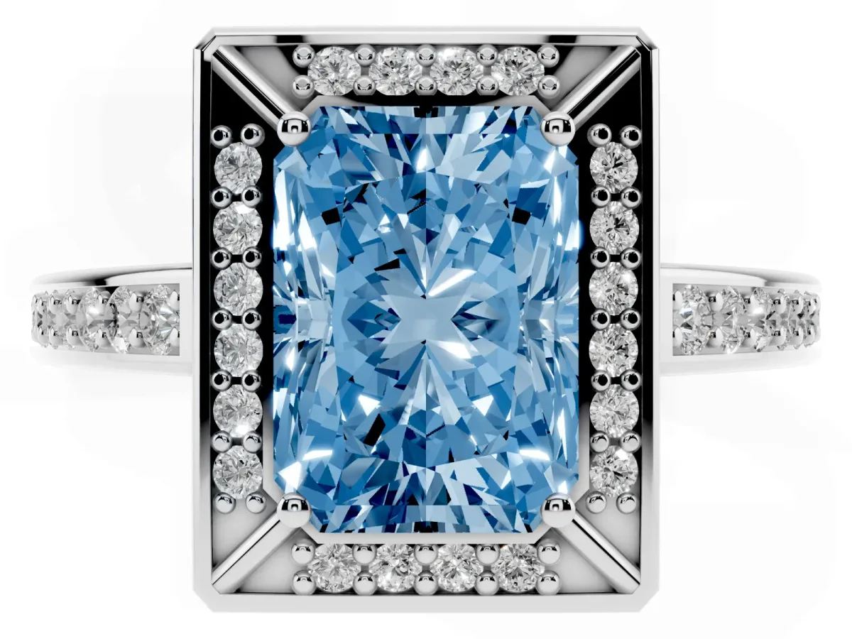 Fancy Blue Radiant Cut Cut Halo Pave Split Shank Prong Setting Ring White gold