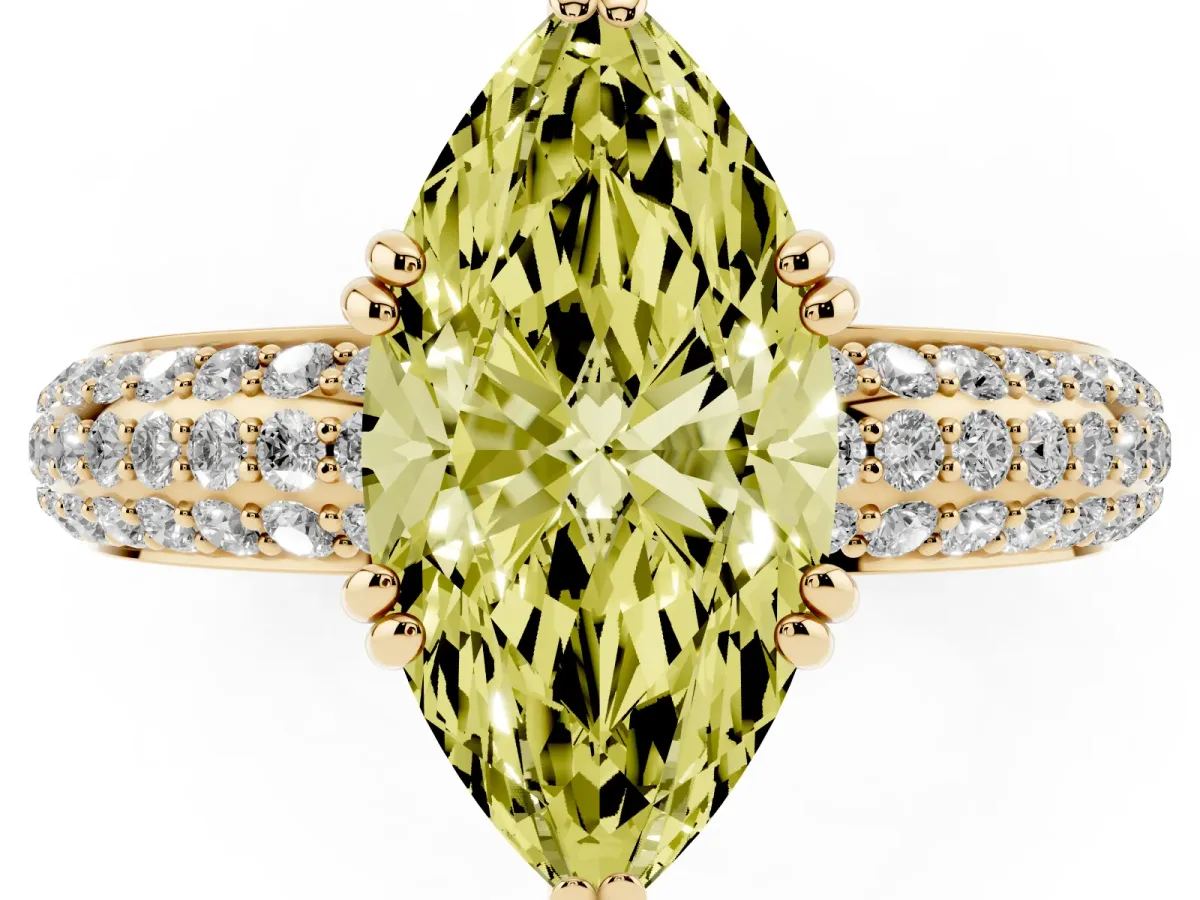 Fancy Yellow Marquise Cut Diamond Solitaire Ring with Multi-Row Round Pavé Band and Prong Setting Yellow gold