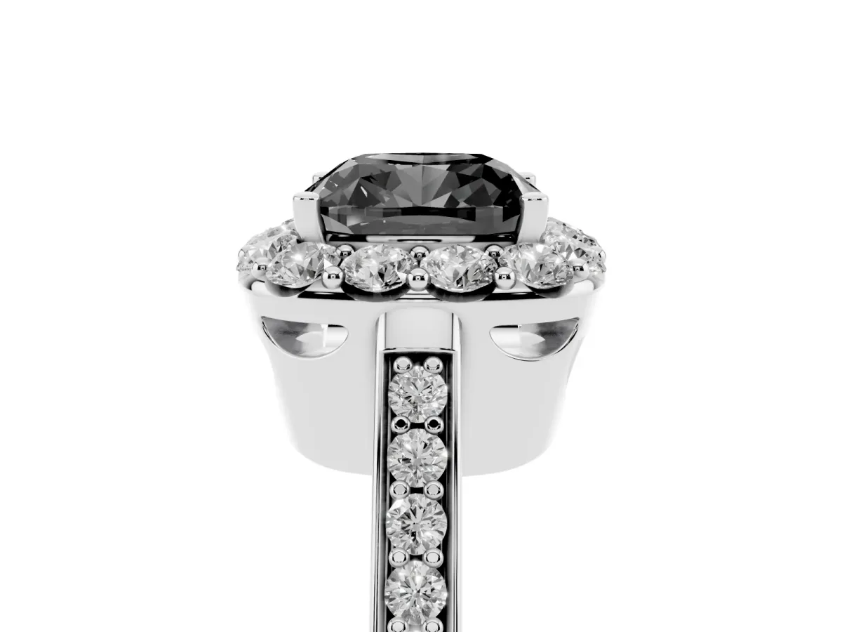Fancy Black Cushion Cut Diamond Floral Halo Ring with Pavé Band and Prong Setting White gold