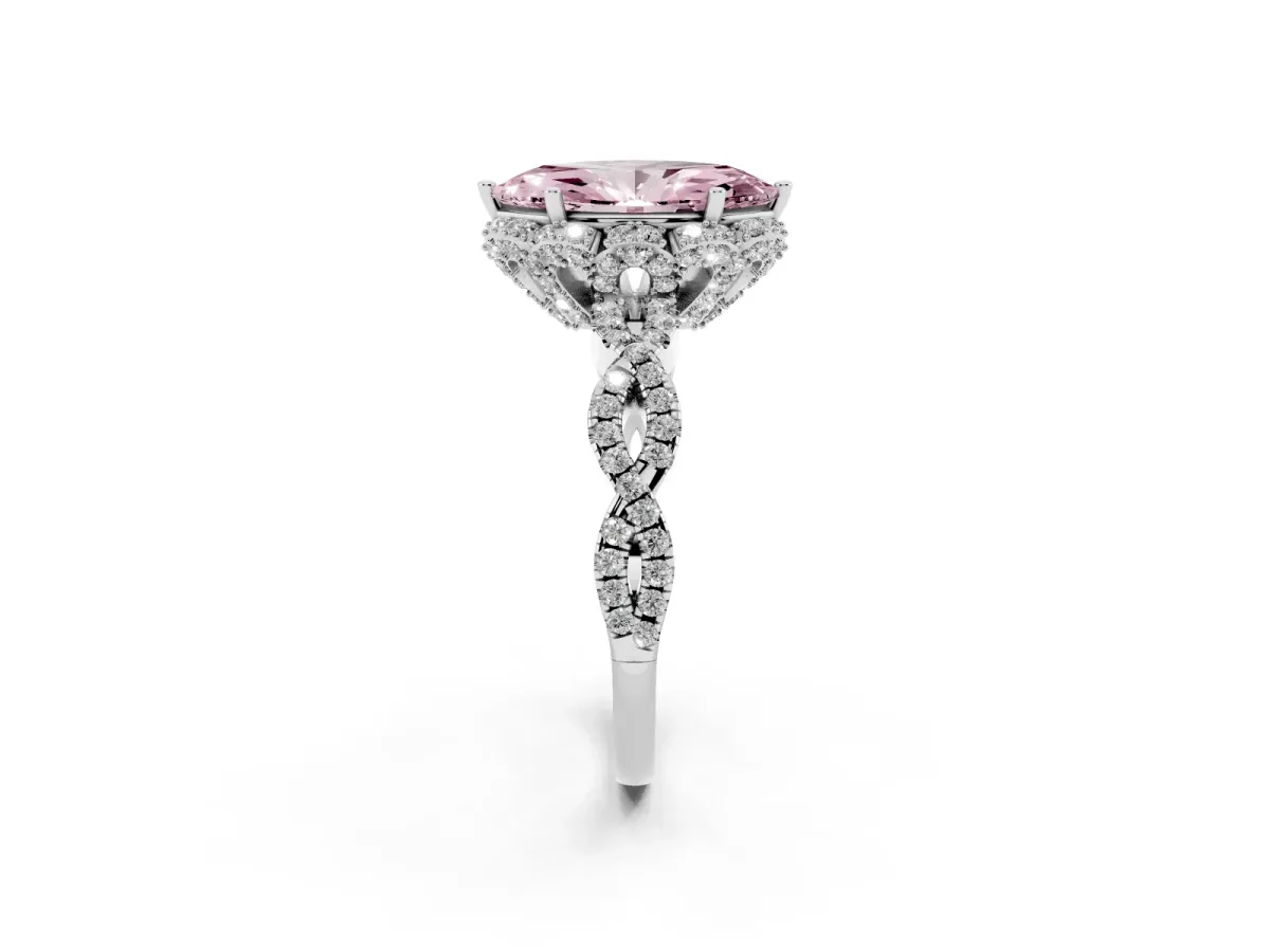 Fancy Pink Marquise Cut Halo Twist Band Solitaire Ring with Six-Prong Setting Silver