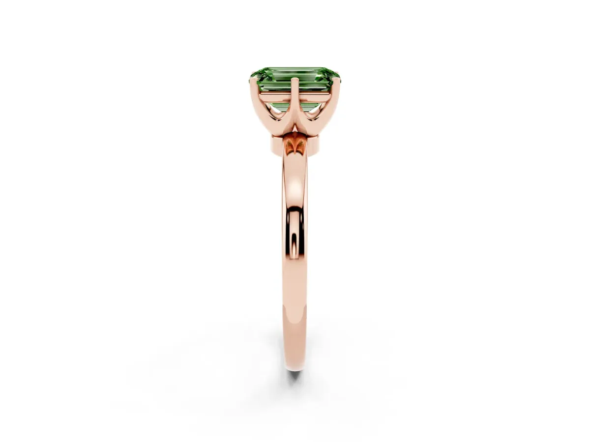 Fancy Green Emerald Cut Solitaire Diamond Ring with Six-Prong Setting on a Classic Band Rose gold
