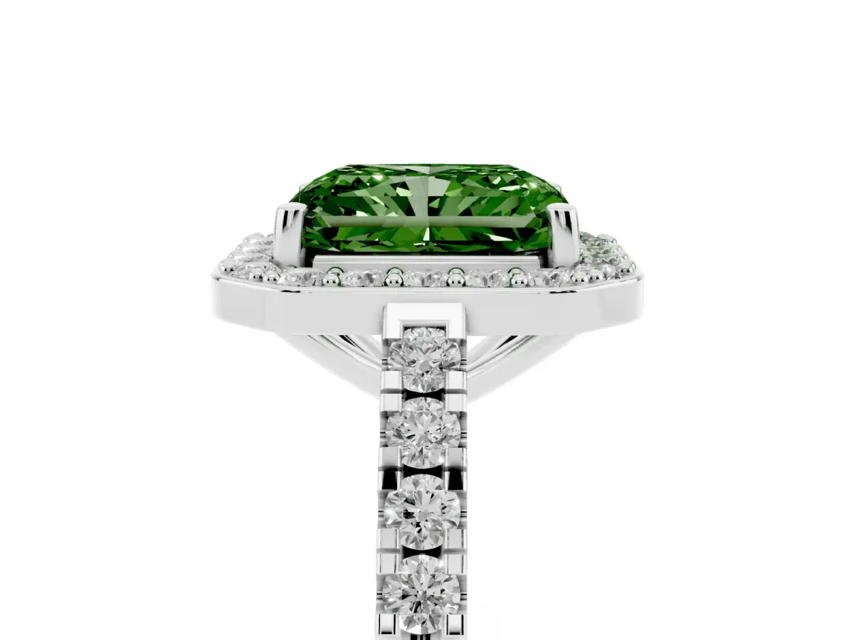 Fancy Green Radiant Cut Diamond Halo Ring with Round Pavé Split Shank and Prong Setting Silver