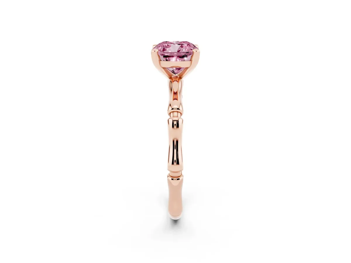 Fancy Pink Cushion Cut Solitaire Diamond Ring with Bamboo Band and Four-Prong Setting Rose gold