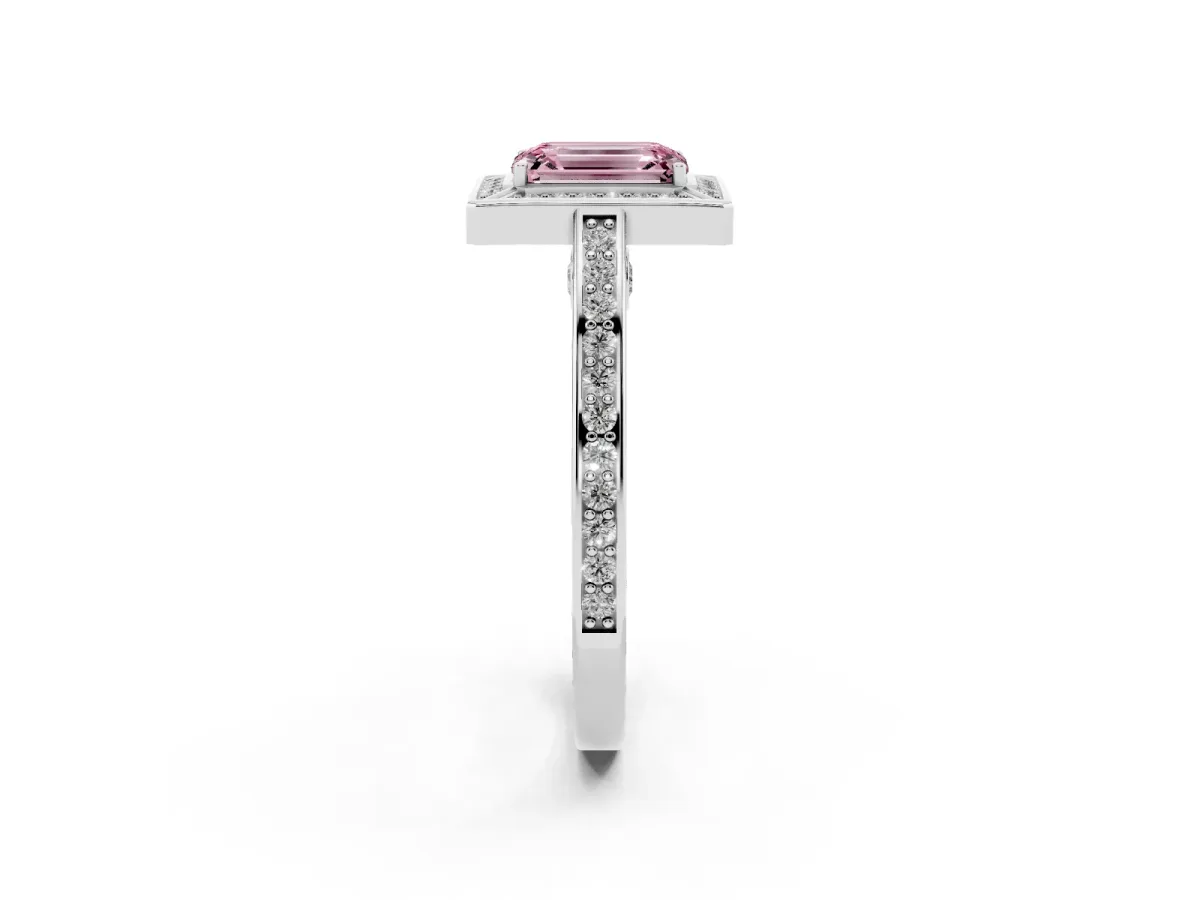 Fancy Pink Emerald Cut Cut Halo Pave Split Shank Prong Setting Ring Silver