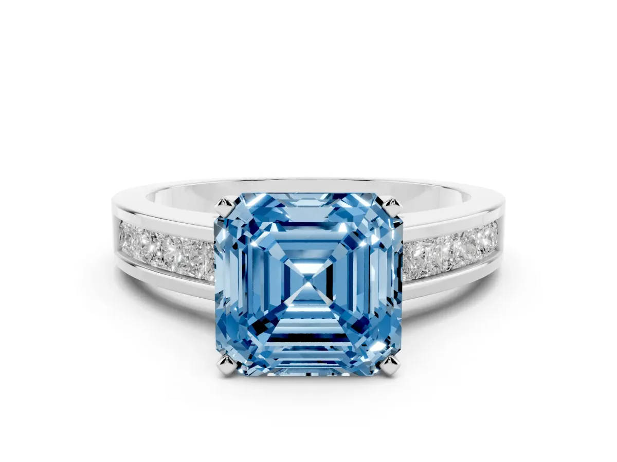 Fancy Blue Asscher Cut Solitaire Diamond Ring with Channel-Set Band and Four-Prong Setting Silver