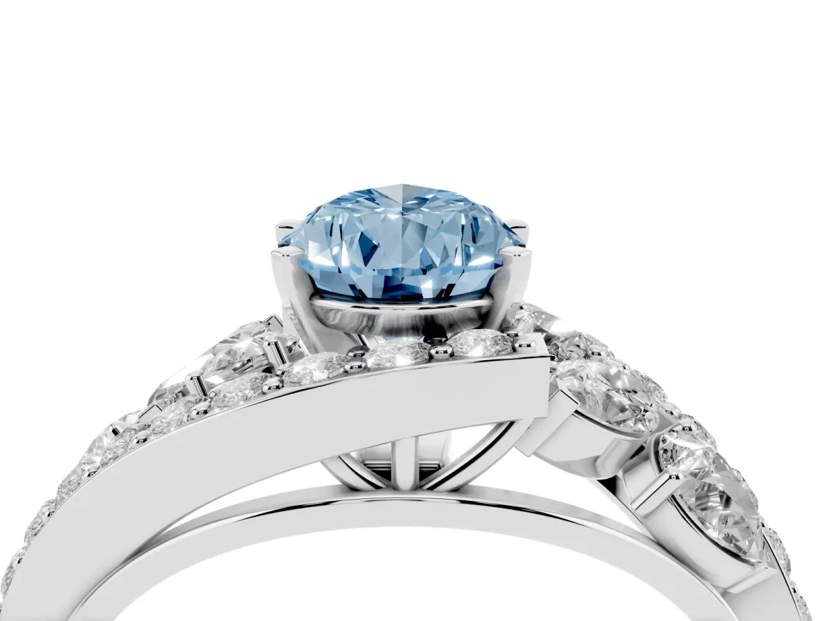 Fancy Blue Pear Cut Diamond Halo Ring with Marquise and Pavé Band in Prong Setting White gold