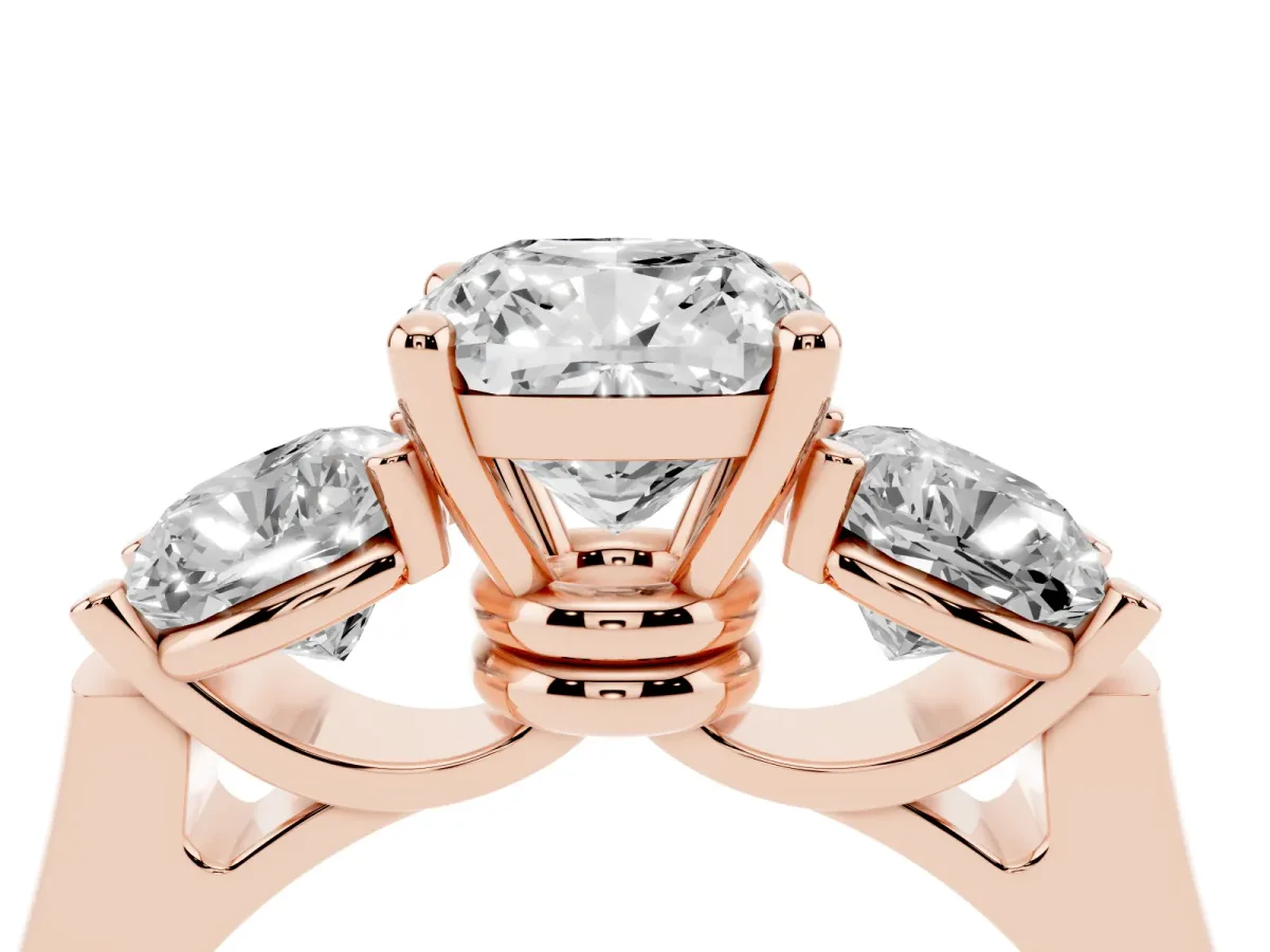 Three-Stone Cushion Cut Brilliant Diamond Trellis Ring with Comfort Fit Band Rose gold