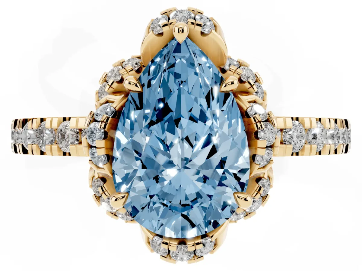 Fancy Blue Pear Cut Halo Diamond Pave Band Ring with Four-Prong Setting Yellow gold