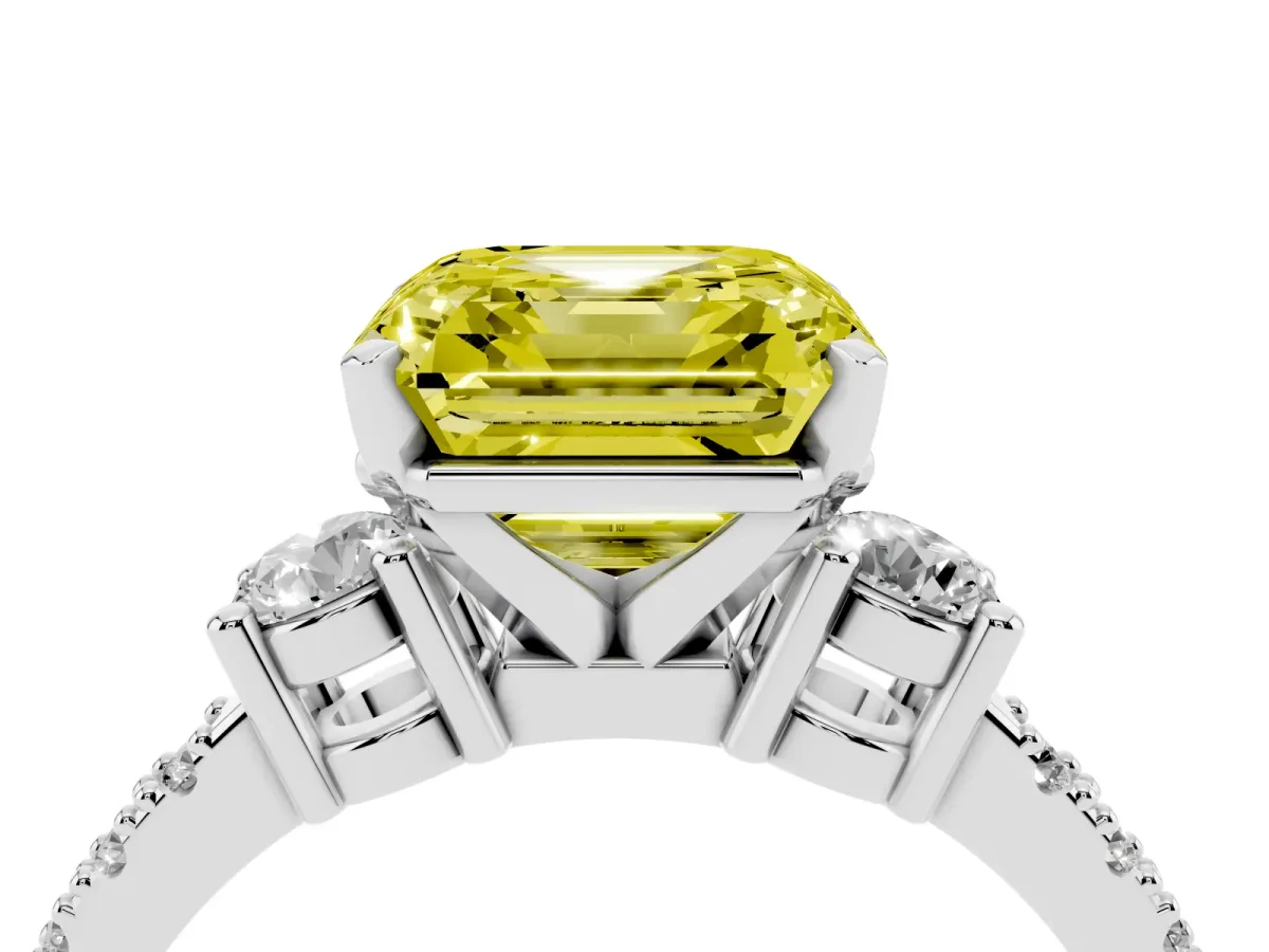 Fancy Yellow Asscher Cut Three-Stone Diamond Pavé Band with Prong Setting Silver