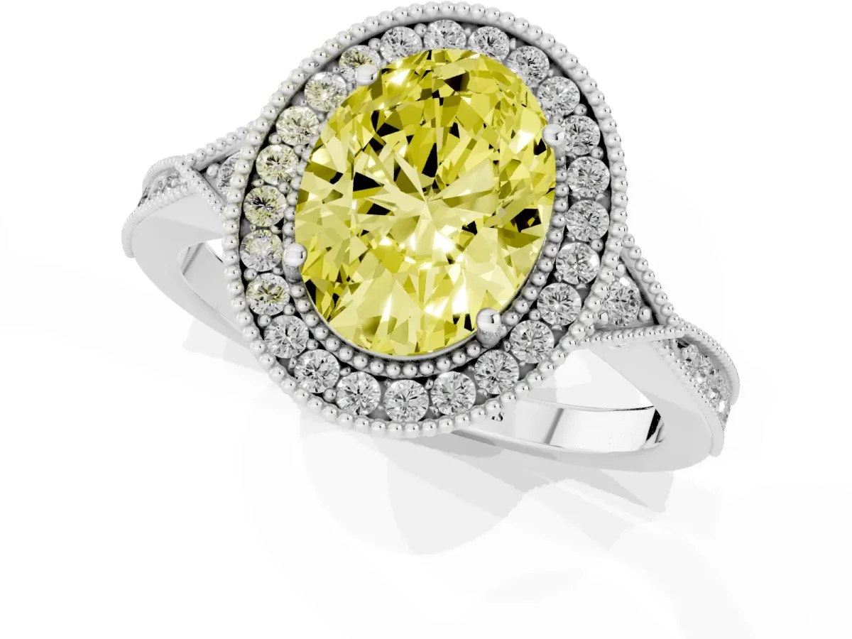 Fancy Yellow Oval Cut Halo Round Diamond Milgrain Pave Engagement Ring Platinum