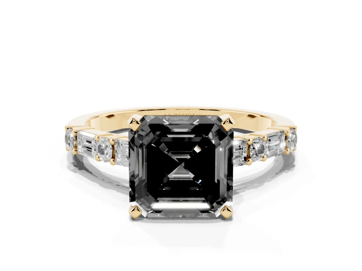 Fancy Black Asscher Cut Diamond Solitaire with Side Baguettes and Channel Set Band Yellow gold