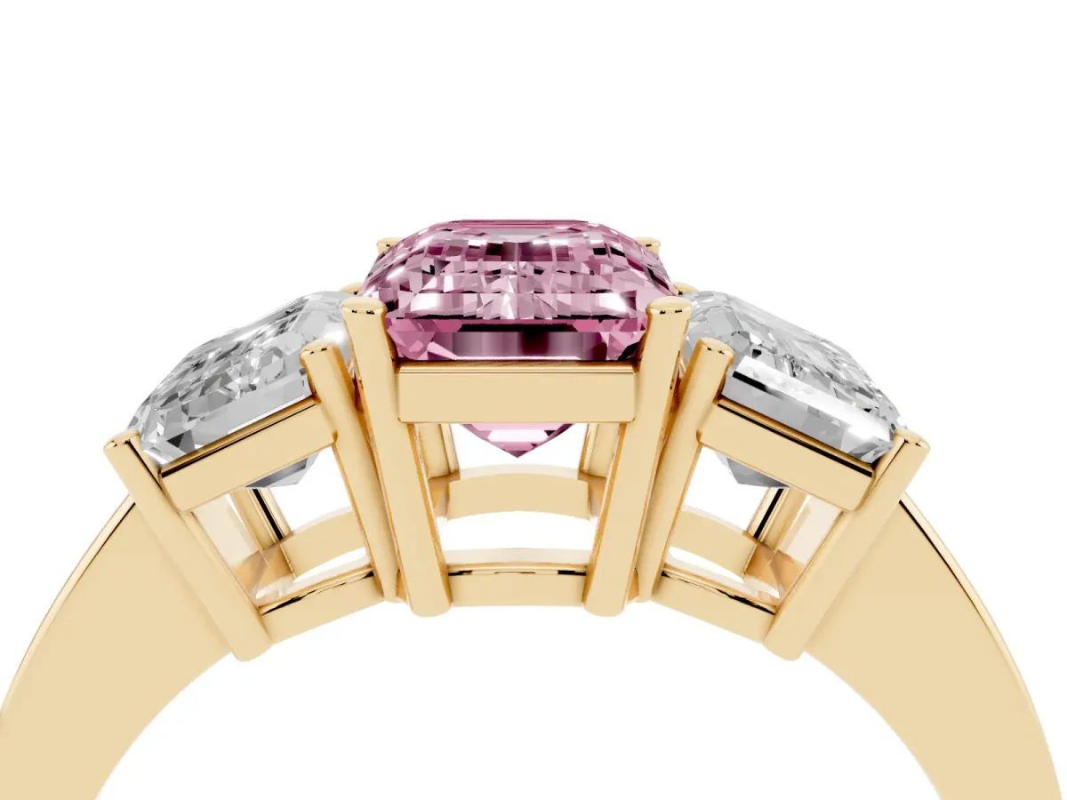 Fancy Pink Three-Stone Emerald Cut Cut Diamond Engagement Ring with Flat Band and Four-Prong Setting Yellow gold