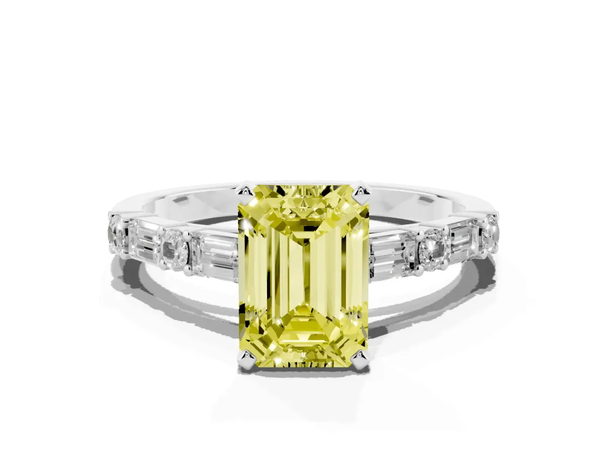 Fancy Yellow Emerald Cut Diamond Solitaire with Side Baguettes and Channel Set Band Silver