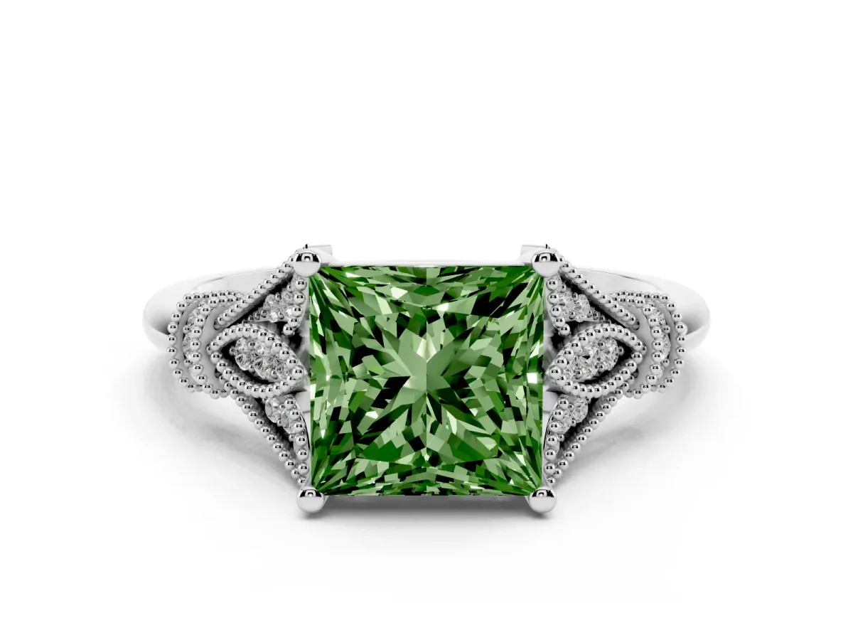Fancy Green Princess Cut Diamond Solitaire Ring with Floral Filigree and Pave Accents White gold