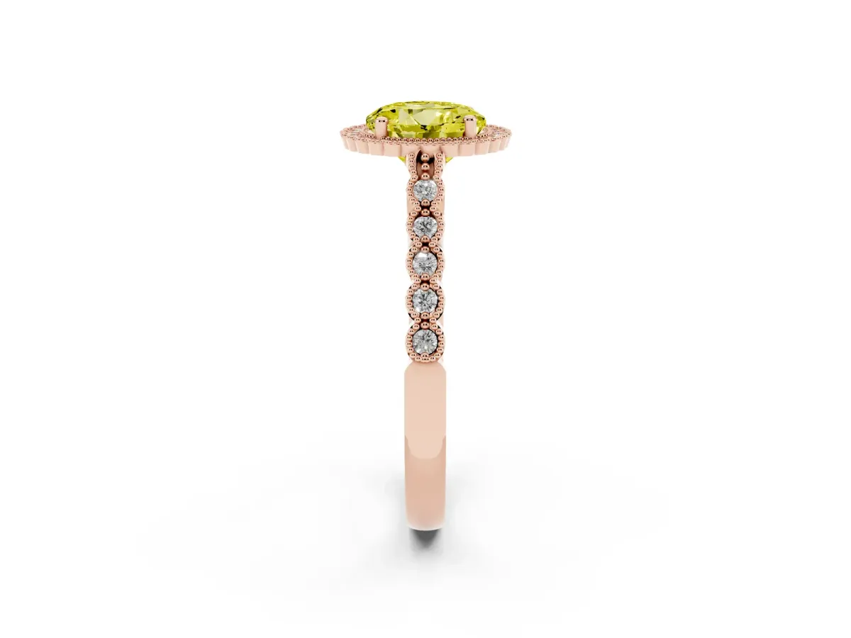 Fancy Yellow Round Cut Cut Halo Pavé Solitaire Ring with Milgrain Band Rose gold