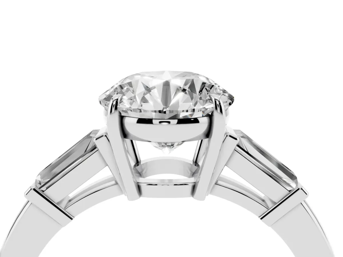 Round Cut Diamond Three-Stone Ring with Tapered Baguette Side Stones and Prong Setting Silver