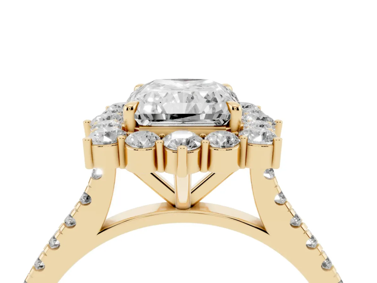 Radiant Cut Halo Diamond Ring with Pavé Band and Prong Setting Yellow gold