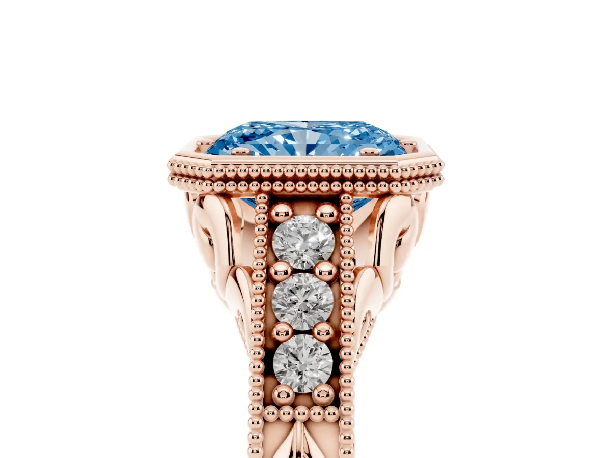Fancy Blue Bezel Set Radiant Cut Diamond Milgrain Pave Engagement Ring Rose gold