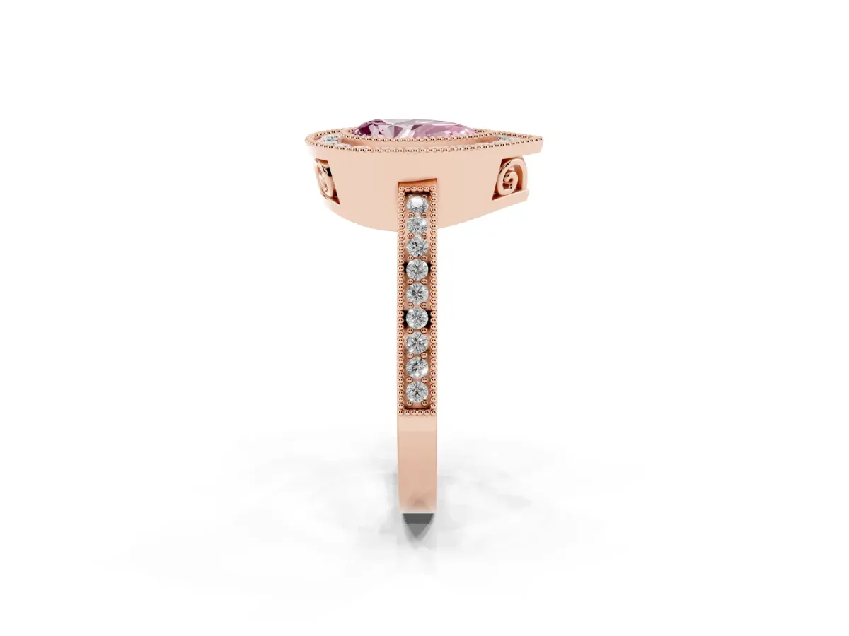 Fancy Pink Pear Cut Cut Halo Diamond Ring with Pavé Band and Milgrain Prong Setting Rose gold