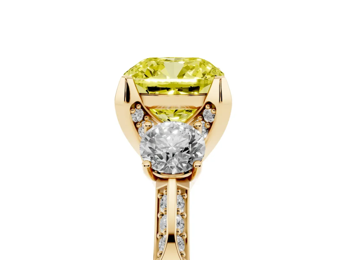 Fancy Yellow Cushion Cut Brilliant Three-Stone Diamond Ring with Pavé Band and Four-Prong Setting Yellow gold
