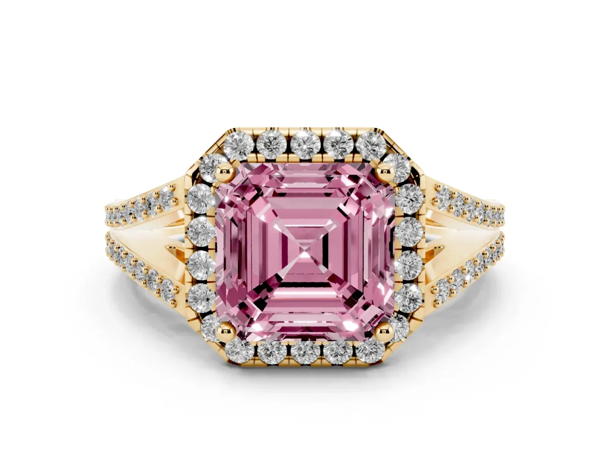Fancy Pink Asscher Cut Halo Split Shank Diamond Ring with Prong Setting Yellow gold