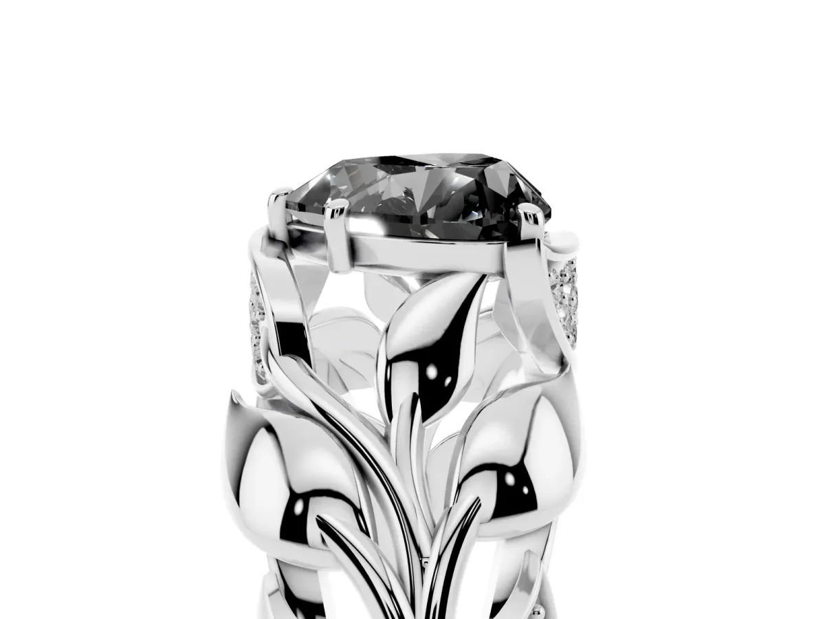 Fancy Black Heart Cut Diamond Leaf-Inspired Engagement Ring with Round Accents and Prong Setting Silver