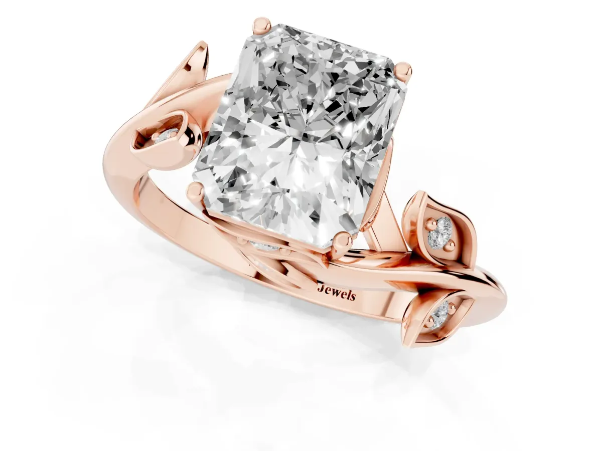 Radiant Cut Solitaire Twist Engagement Ring with Leaf Accents and Prong Setting Rose gold