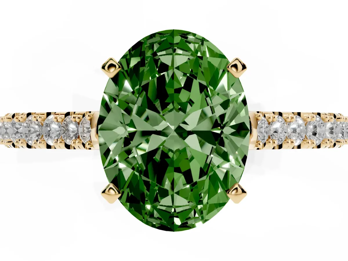 Fancy Green Oval Cut Cut Solitaire Diamond Engagement Ring with Pave Band and Four-Prong Setting Yellow gold