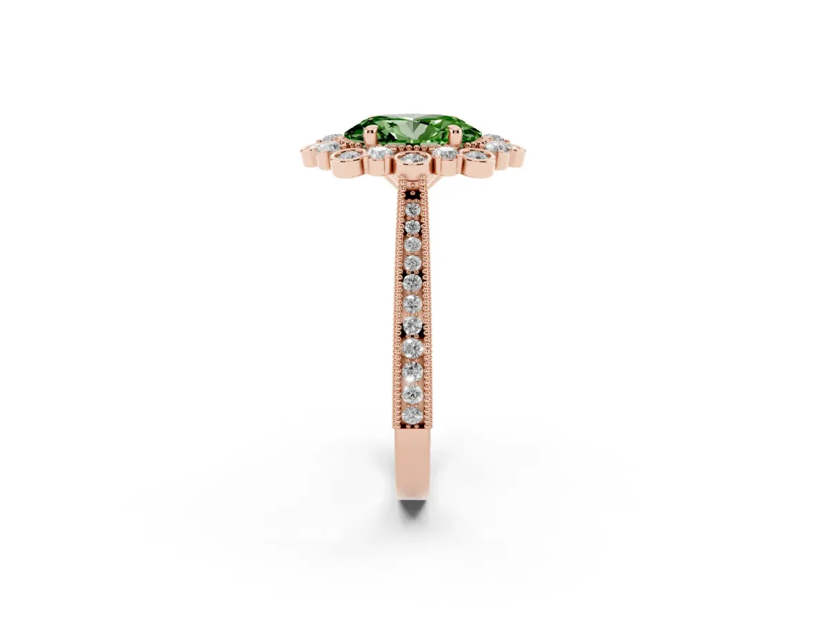 Fancy Green Oval Cut Halo Milgrain Pave Diamond Ring with Four-Prong Setting Rose gold