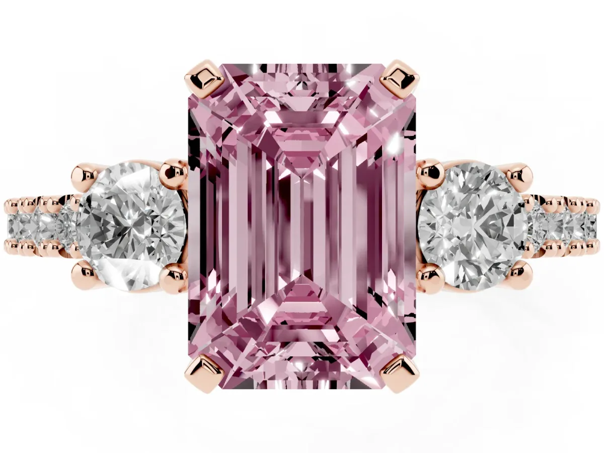 Fancy Pink Emerald Cut Three-Stone Diamond Pavé Band with Prong Setting Rose gold