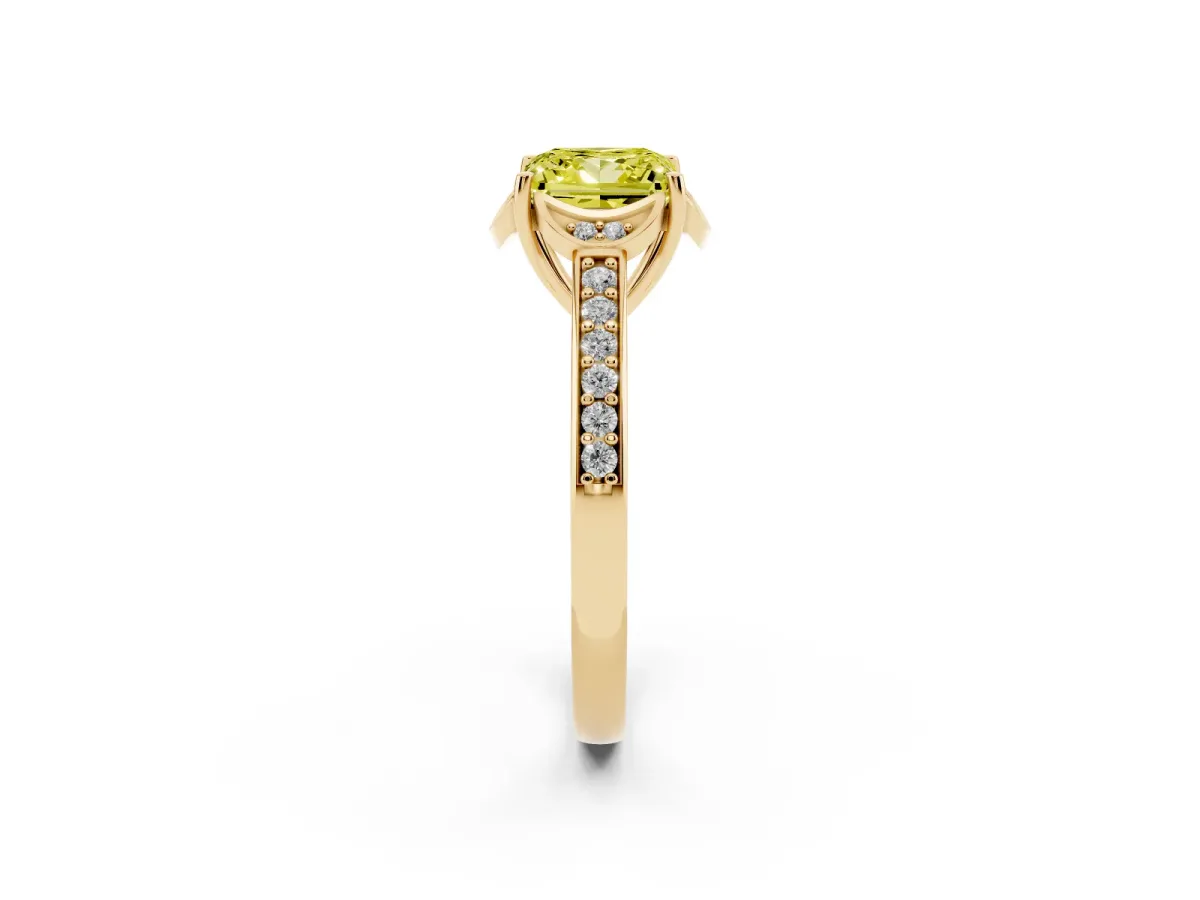 Fancy Yellow Princess Cut Cut Halo Diamond Ring with Channel Set Band and Four-Prong Setting Yellow gold