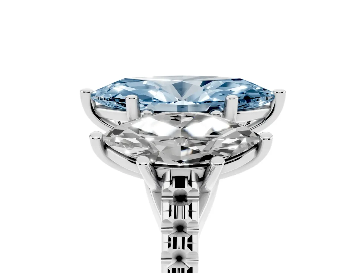 Fancy Blue Three-Stone Marquise Cut Diamond Ring with Round Pavé Band and Prong Setting Silver