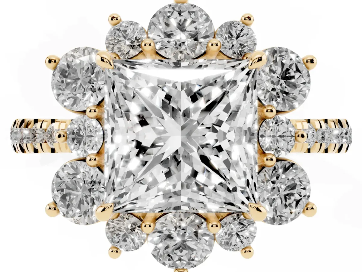 Princess Cut Diamond Floral Halo Ring with Round Pavé Band and Prong Setting Yellow gold