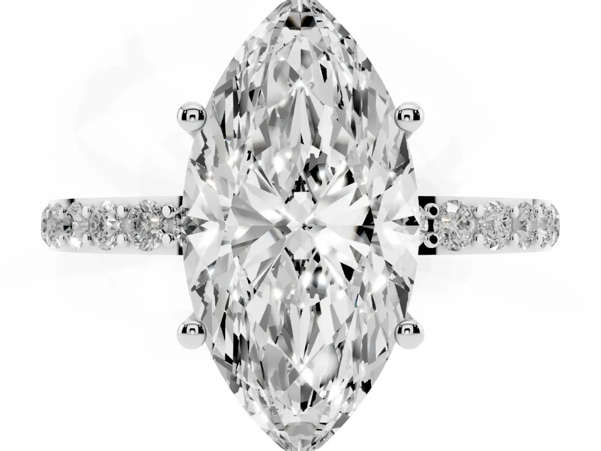 Marquise Cut Diamond Solitaire Ring with Round Pavé Shoulders and Prong Setting Silver