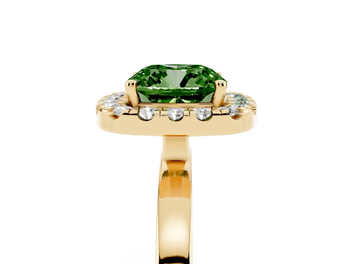 Fancy Green Cushion Cut Halo Diamond Solitaire with Pavé Band and Four-Prong Setting Yellow gold