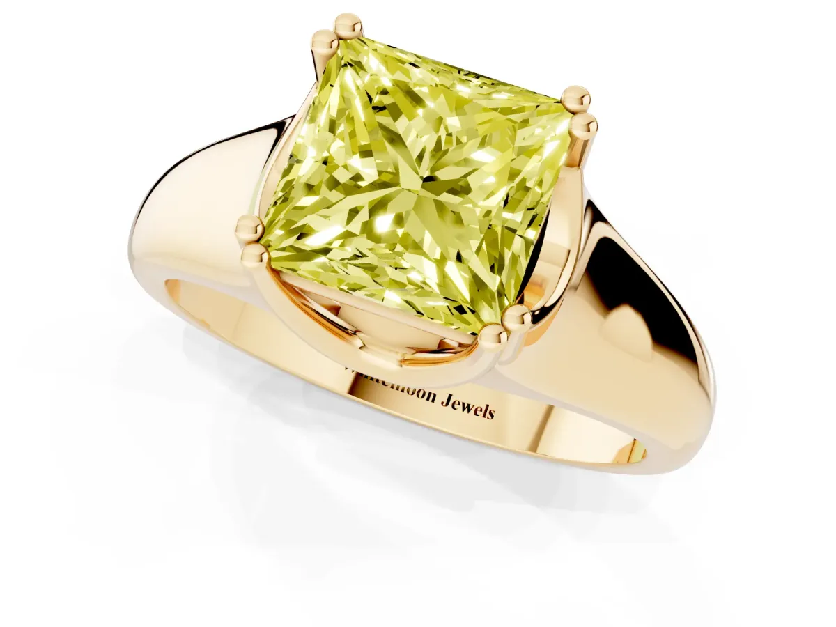 Fancy Yellow Princess Cut Diamond Solitaire Ring with Wide Band and Prong Setting Yellow gold