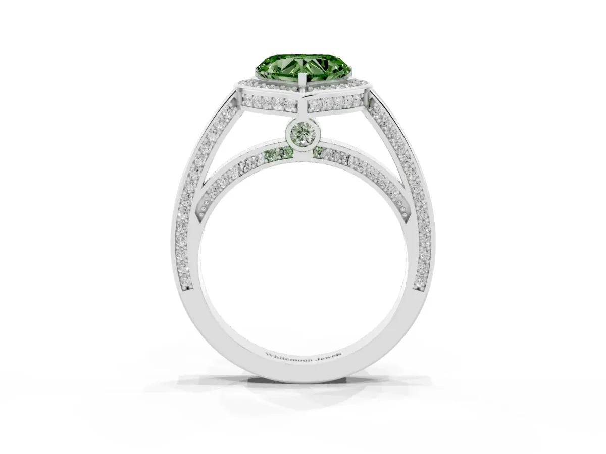 Fancy Green Heart Cut Cut Halo Pave Split Shank Prong Setting Ring White gold