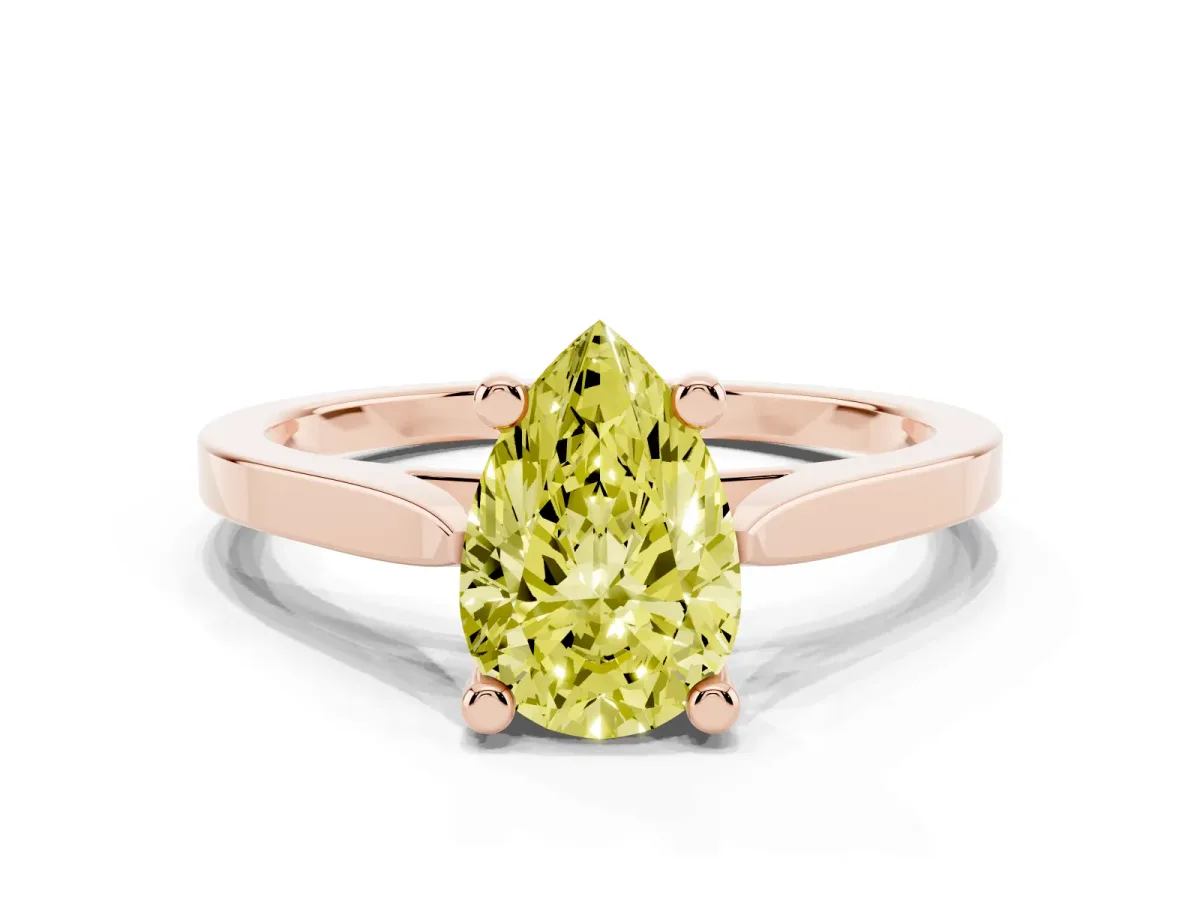 Fancy Yellow Pear Cut Solitaire Diamond Ring with Four-Prong Setting and Tapered Band Rose gold