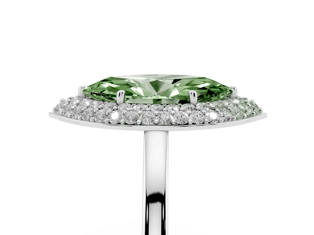 Fancy Green Marquise Cut Halo Diamond Engagement Ring with Solitaire Band and Four-Prong Setting Silver
