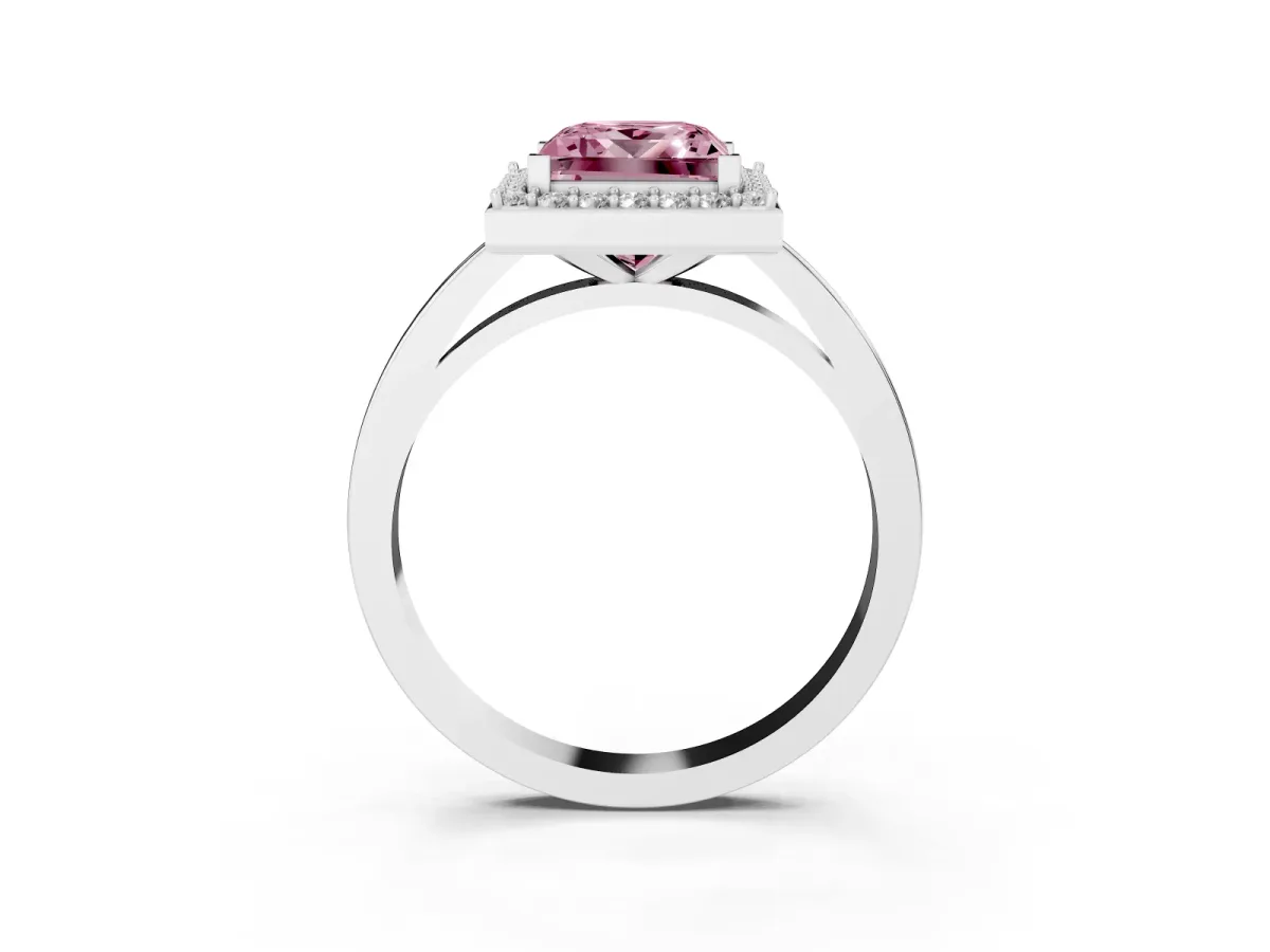 Fancy Pink Princess Cut Halo Diamond Ring with Solitaire Band and Prong Setting Platinum