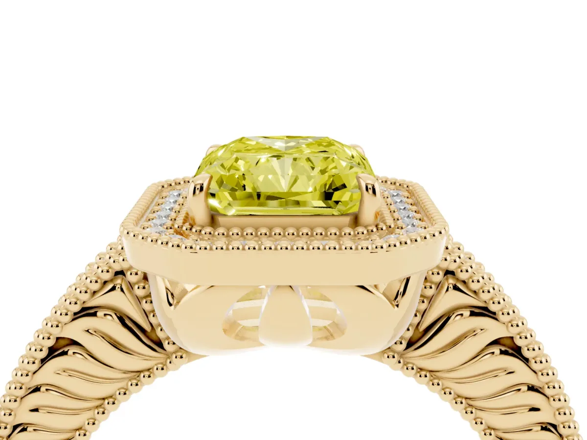 Fancy Yellow Radiant Cut Cut Halo Diamond Ring with Pavé Band and Four-Prong Setting Yellow gold