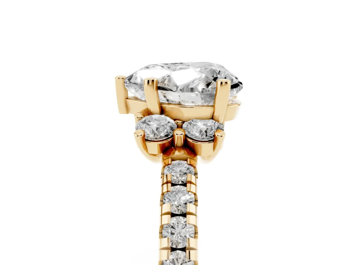 Heart Cut Diamond Three-Stone Pave Band with Four-Prong Setting Yellow gold