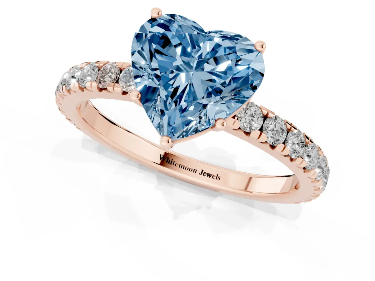 Fancy Blue Heart Cut Diamond Pavé Solitaire Engagement Ring with Four-Prong Setting Rose gold