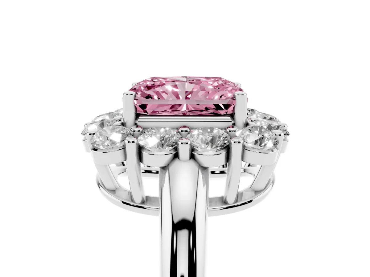 Fancy Pink Radiant Cut Halo Cluster Diamond Engagement Ring with Prong Setting and Polished Band Platinum