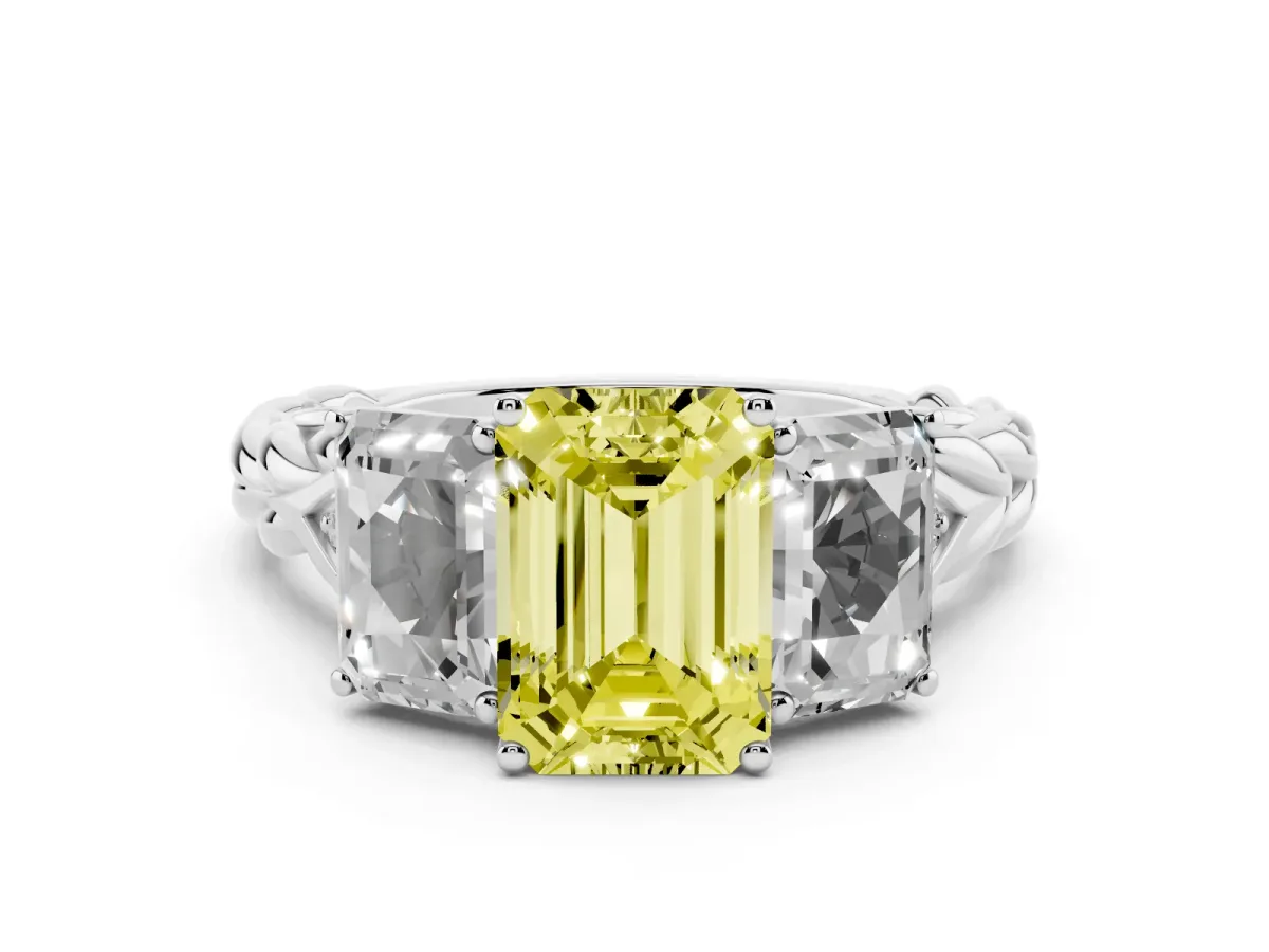 Fancy Yellow Three-Stone Emerald Cut Diamond Braided Band Ring with Four-Prong Setting Platinum